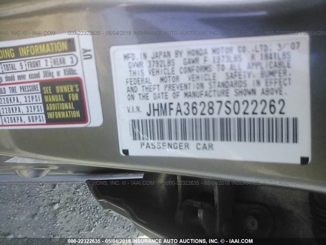 JHMFA36287S022262 - 2007 HONDA CIVIC HYBRID BEIGE photo 9