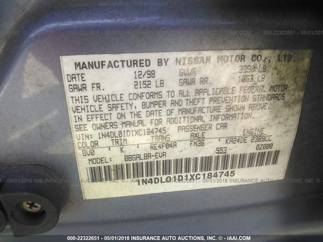 1N4DL01D1XC184745 - 1999 NISSAN ALTIMA XE/GXE/SE/GLE Light Blue photo 9