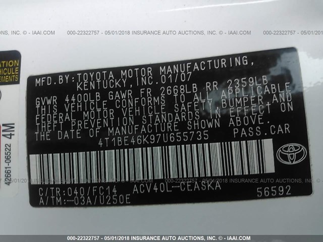 4T1BE46K97U655735 - 2007 TOYOTA CAMRY NEW GENERAT CE/LE/XLE/SE WHITE photo 9