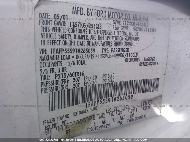 1FAFP55S91A265059 - 2001 FORD TAURUS SES WHITE photo 9