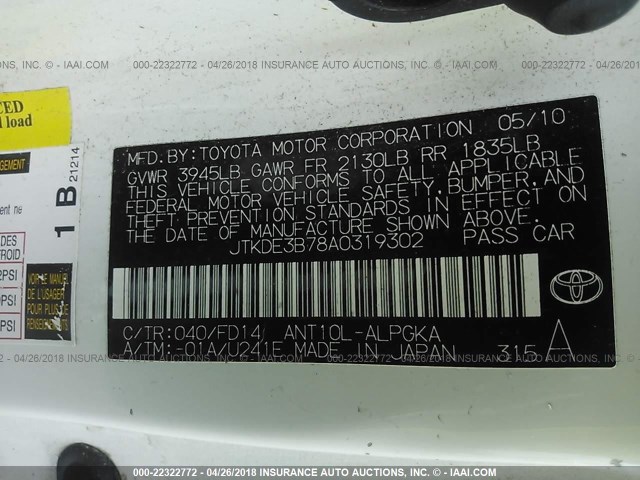 JTKDE3B78A0319302 - 2010 TOYOTA SCION TC 白色 照片 9