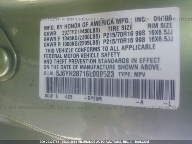 5J6YH28716L008523 - 2006 HONDA ELEMENT EX GREEN photo 9