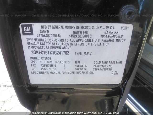 3GKEC16TX1G241702 - 2001 GMC YUKON XL C1500 BLACK photo 9