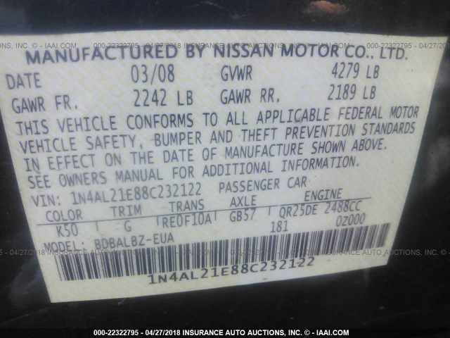 1N4AL21E88C232122 - 2008 NISSAN ALTIMA 2.5/2.5S GRAY photo 9