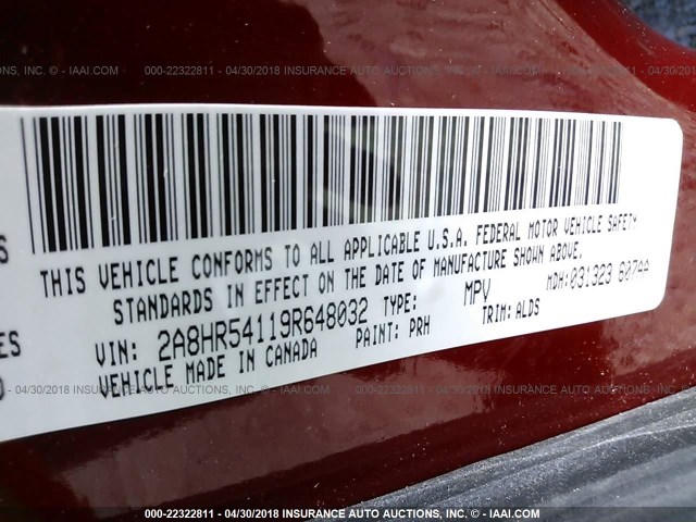 2A8HR54119R648032 - 2009 CHRYSLER TOWN & COUNTRY TOURING MAROON photo 9