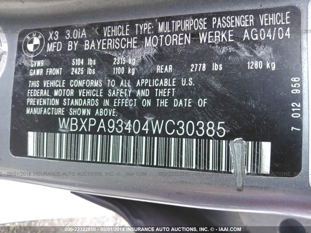 WBXPA93404WC30385 - 2004 BMW X3 3.0I SILVER photo 9