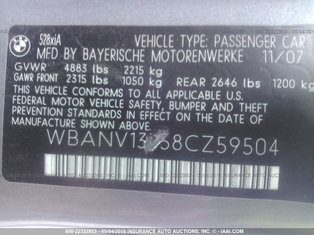 WBANV13558CZ59504 - 2008 BMW 528 XI SILVER photo 9