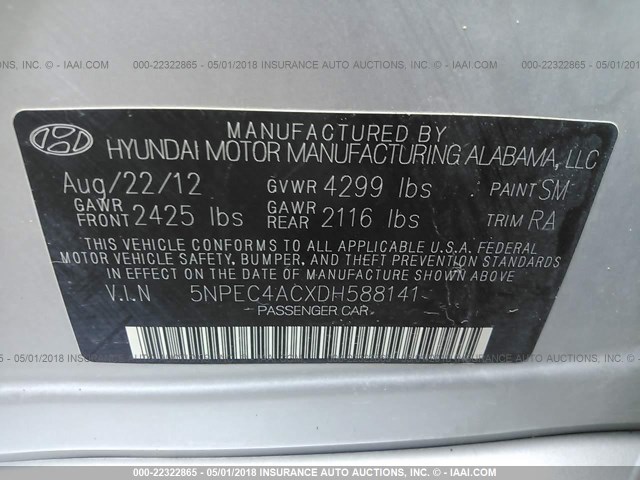 5NPEC4ACXDH588141 - 2013 HYUNDAI SONATA SE/LIMITED SILVER photo 9