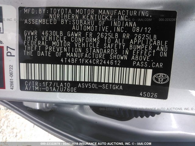 4T4BF1FK4CR244612 - 2012 TOYOTA CAMRY SE/LE/XLE SILVER photo 9