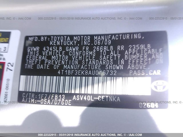 4T1BF3EK8AU016732 - 2010 TOYOTA CAMRY SE/LE/XLE SILVER photo 9