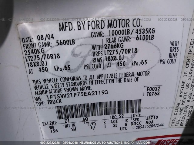 1FTSW21P75EA21193 - 2005 FORD F250 SUPER DUTY WHITE photo 9