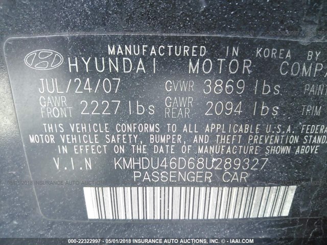 KMHDU46D68U289327 - 2008 HYUNDAI ELANTRA GLS/SE/LIMITED GRAY photo 9