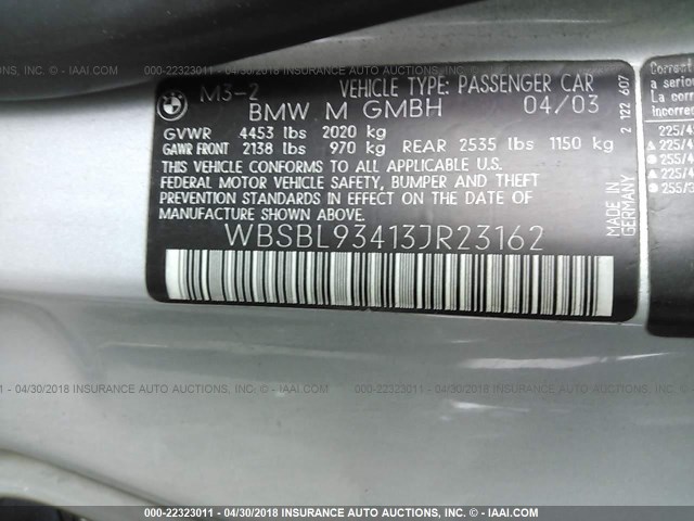 WBSBL93413JR23162 - 2003 BMW M3 SILVER photo 9