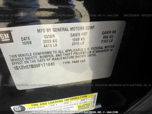 1G1ZH57B99F171840 - 2009 CHEVROLET MALIBU 1LT 黑色 照片 9