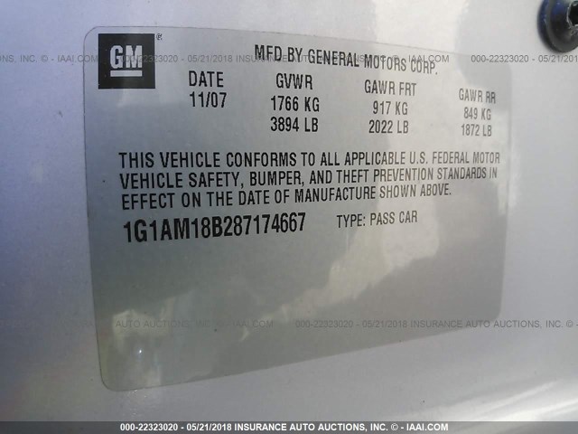 1G1AM18B287174667 - 2008 CHEVROLET COBALT SPORT SILVER photo 9