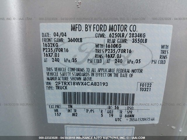 2FTRX18WX4CA83193 - 2004 FORD F-150 HERITAGE CLASSIC GRAY photo 9