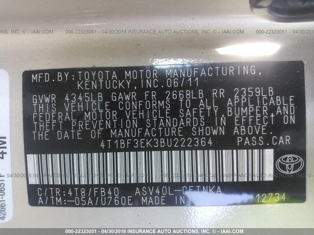 4T1BF3EK3BU222364 - 2011 TOYOTA CAMRY SE/LE/XLE 金色 照片 9