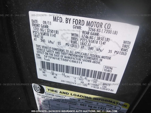 1FTFW1ET5BFC88311 - 2011 FORD F150 SUPERCREW GRAY photo 9