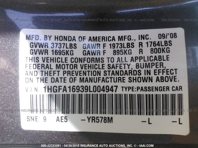 1HGFA16939L004947 - 2009 HONDA CIVIC EXL Boz foto 9