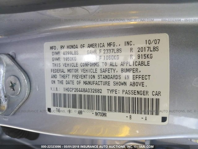 1HGCP26448A032682 - 2008 HONDA ACCORD LXP SILVER photo 9