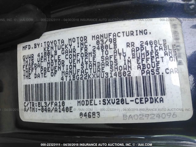 4T1BG22KXWU314802 - 1998 TOYOTA CAMRY CE/LE/XLE BLUE photo 9