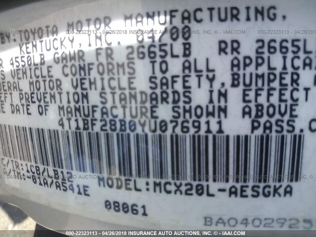 4T1BF28B0YU076911 - 2000 TOYOTA AVALON XL/XLS SILVER photo 9