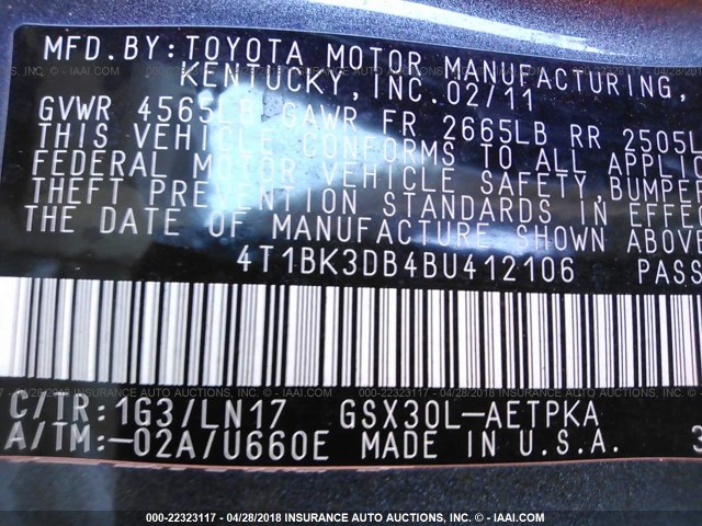 4T1BK3DB4BU412106 - 2011 TOYOTA AVALON LIMITED GRAY photo 9