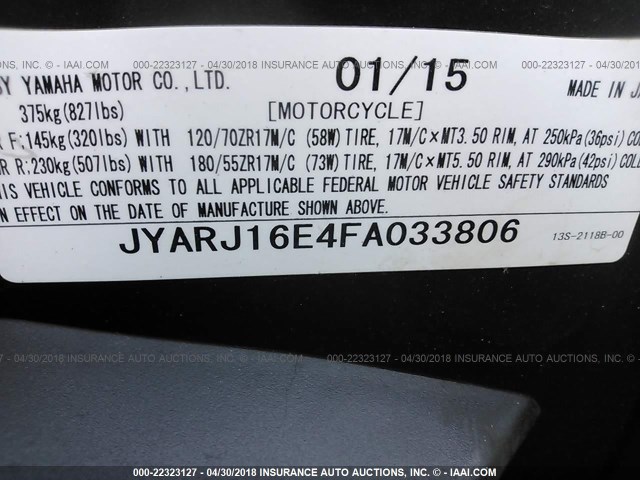 JYARJ16E4FA033806 - 2015 YAMAHA YZFR6 BLACK photo 10