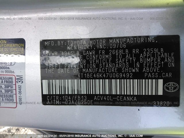 4T1BE46K47U069492 - 2007 TOYOTA CAMRY NEW GENERAT CE/LE/XLE/SE SILVER photo 9