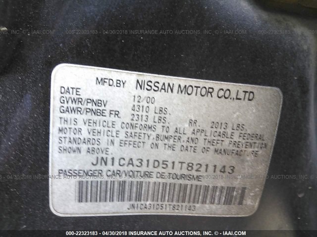 JN1CA31D51T821143 - 2001 NISSAN MAXIMA GXE/SE/GLE/20TH ANNIV BLACK photo 9