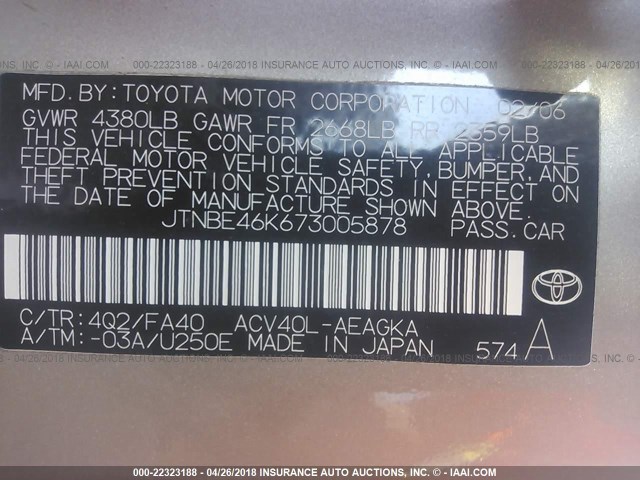 JTNBE46K673005878 - 2007 TOYOTA CAMRY NEW GENERAT CE/LE/XLE/SE GOLD photo 9