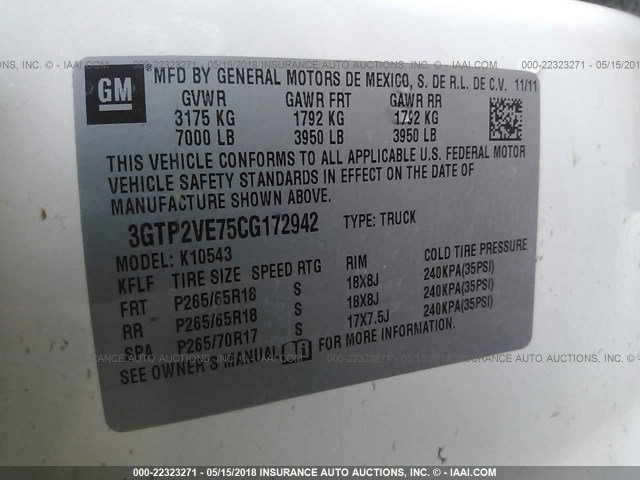 3GTP2VE75CG172942 - 2012 GMC SIERRA K1500 SLE WHITE photo 9