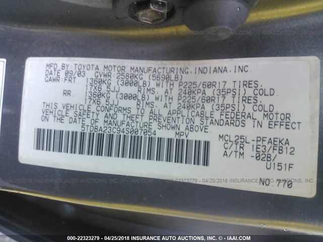 5TDBA23C94S007054 - 2004 TOYOTA SIENNA LE GRAY photo 9