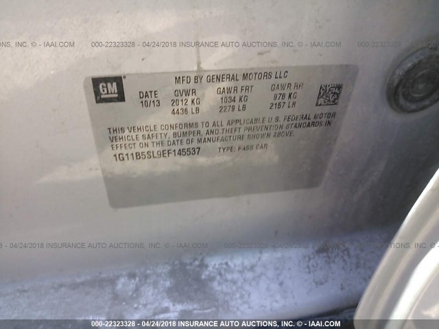 1G11B5SL9EF145537 - 2014 CHEVROLET MALIBU LS ვერცხლისფერი ფოტო 9