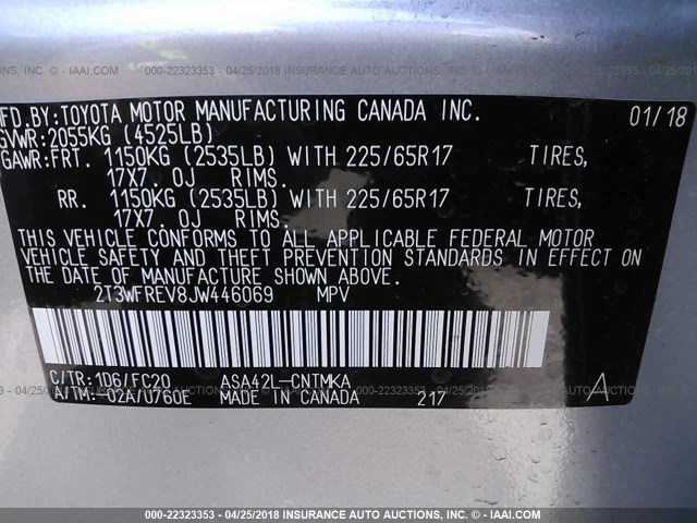 2T3WFREV8JW446069 - 2018 TOYOTA RAV4 ADVENTURE/XLE 银色 照片 9