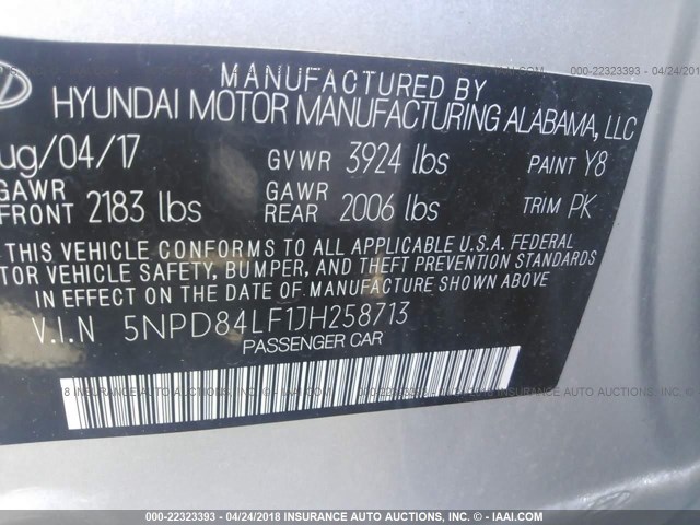 5NPD84LF1JH258713 - 2018 HYUNDAI ELANTRA SEL/VALUE/LIMITED SILVER photo 9