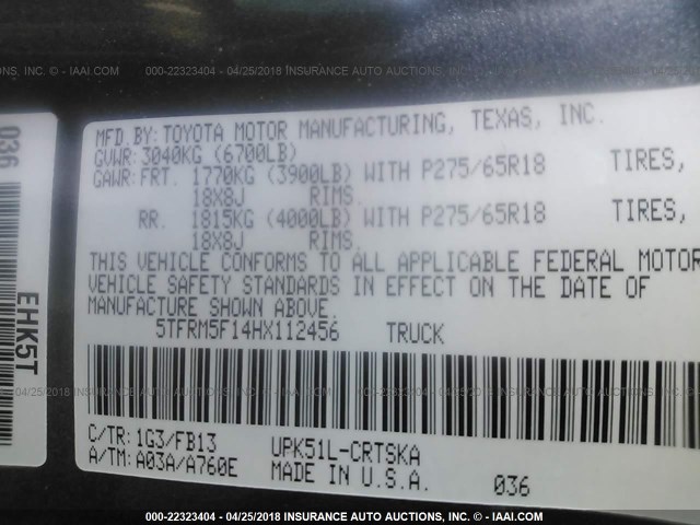 5TFRM5F14HX112456 - 2017 TOYOTA TUNDRA DOUBLE CAB SR/SR5 GRAY photo 9