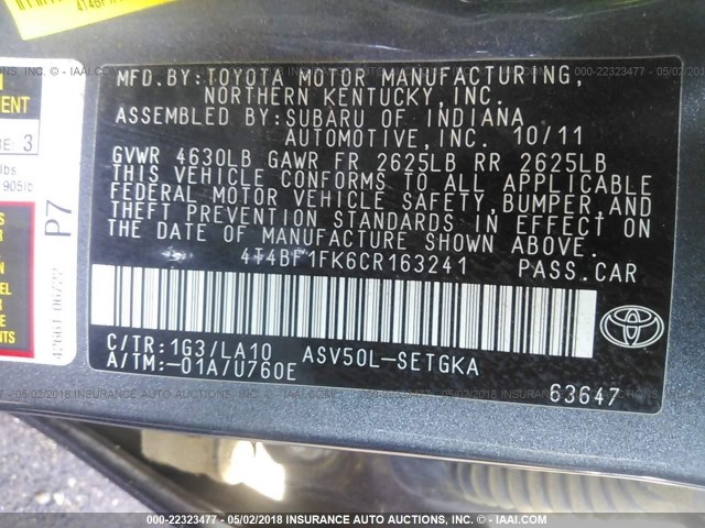 4T4BF1FK6CR163241 - 2012 TOYOTA CAMRY SE/LE/XLE GRAY photo 9