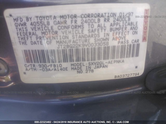 JT2BG22K9V0033058 - 1997 TOYOTA CAMRY LE/XLE GRAY photo 9