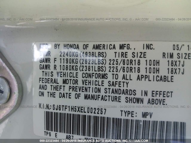 5J6TF1H5XEL002257 - 2014 HONDA CROSSTOUR EXL თეთრი ფოტო 9