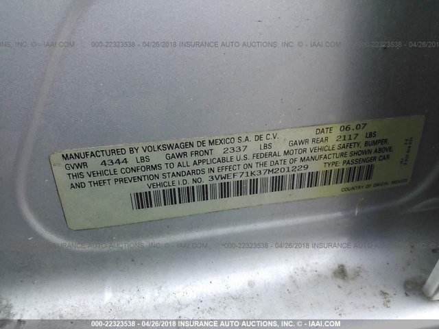 3VWEF71K37M201229 - 2007 VOLKSWAGEN JETTA WOLFSBURG 银色 照片 9