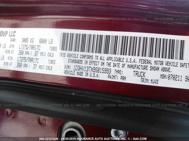 1D3HV13TX9S815993 - 2009 DODGE RAM 1500 BURGUNDY photo 9