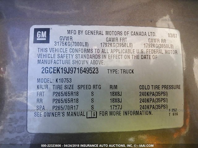 2GCEK19J971649523 - 2007 CHEVROLET SILVERADO K1500 BROWN photo 9