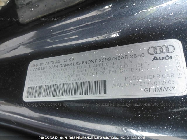 WAUMV94E19N012605 - 2009 AUDI A8 L QUATTRO GRAY photo 9