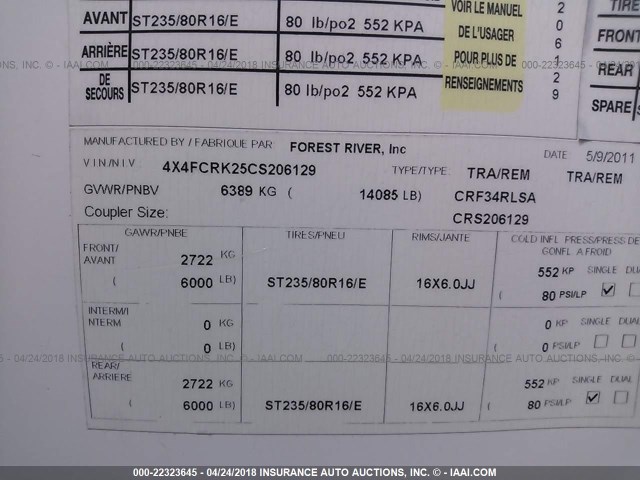 4X4FCRK25CS206129 - 2012 FOREST RIVER CEDAR CREEK  未知 照片 9