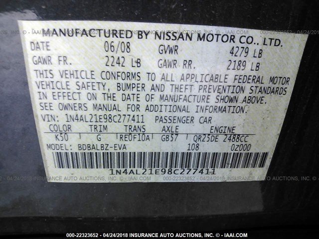 1N4AL21E98C277411 - 2008 NISSAN ALTIMA 2.5/2.5S GRAY photo 9