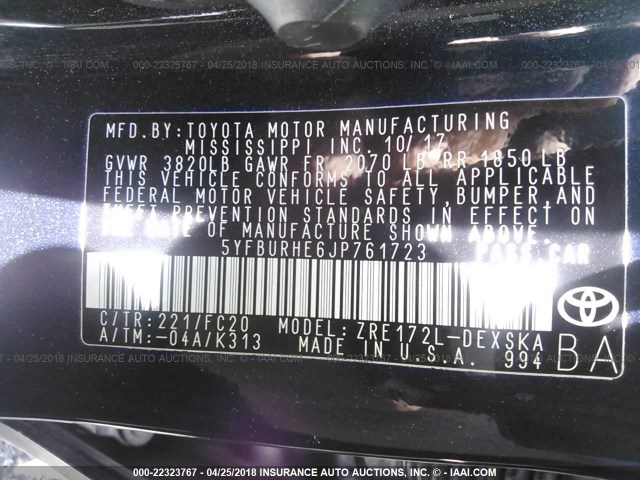 5YFBURHE6JP761723 - 2018 TOYOTA COROLLA L/LE/XLE/SE/XSE TURQUOISE photo 9