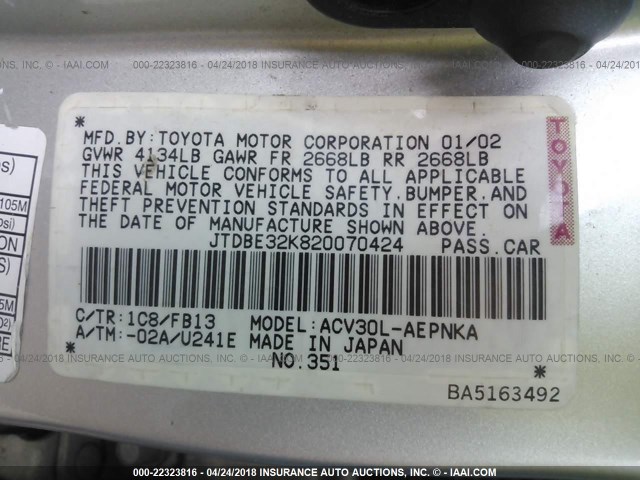 JTDBE32K820070424 - 2002 TOYOTA CAMRY LE/XLE/SE ვერცხლისფერი ფოტო 9