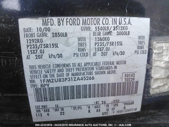 1FMZU83P31ZA45266 - 2001 FORD EXPLORER XLT BLUE photo 9