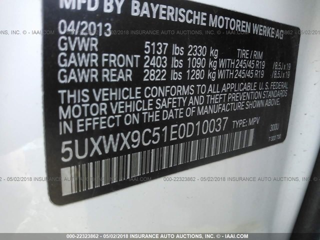 5UXWX9C51E0D10037 - 2014 BMW X3 XDRIVE28I WHITE photo 9